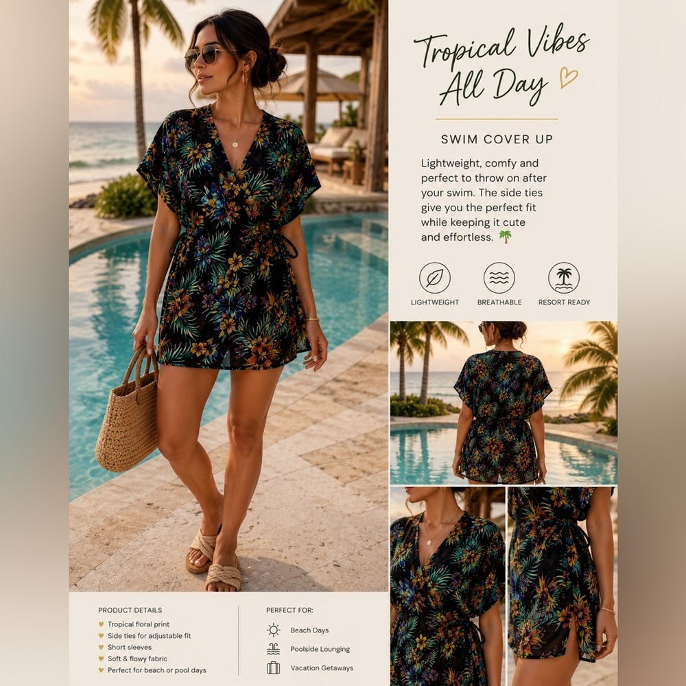 Tropical Floral V-Neck Swim Coverup - Black Multi